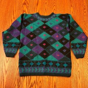 Vintage 1980s Mohair Wool Segrets Sunprint Hand Knitted Colorful Sweater Size M